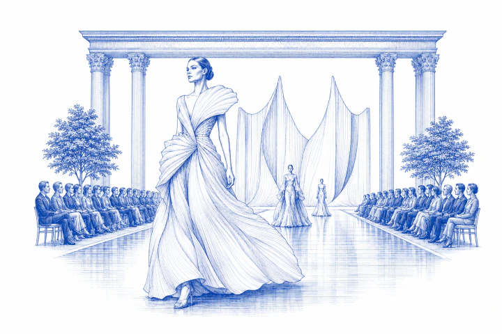 Original blue engraving of an imagined couture show