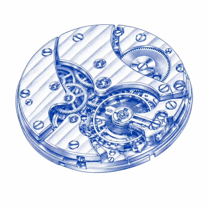 Original blue engraving of an imagined watch movement