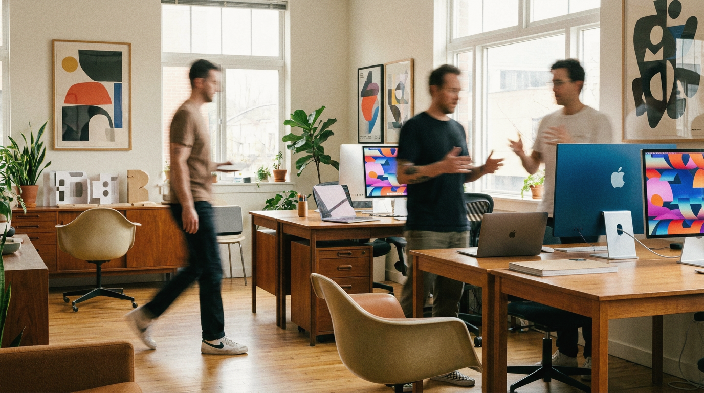 A campaign operations team working together in a bright studio.